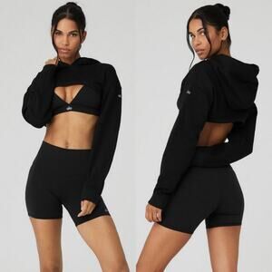 Alo Yoga Shrug It Off Crop Fleece Hoodie Black XS Running Working Out Equinox